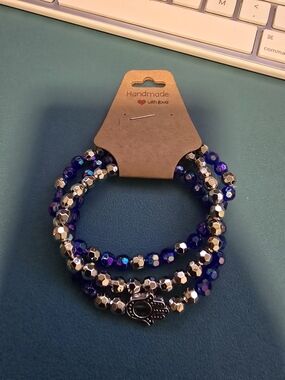 Handmade Blue and Silver Beaded Hamsa Bracelet Set